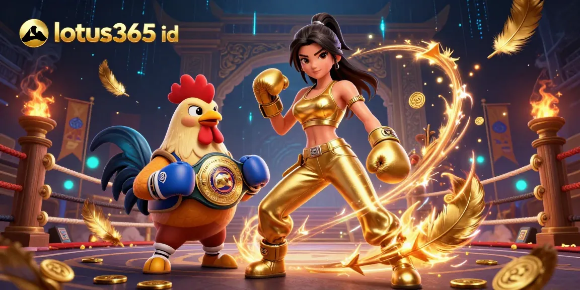 Engage with thrilling betting action at lotus365 id with an athletic woman, championship rooster, and gold elements.