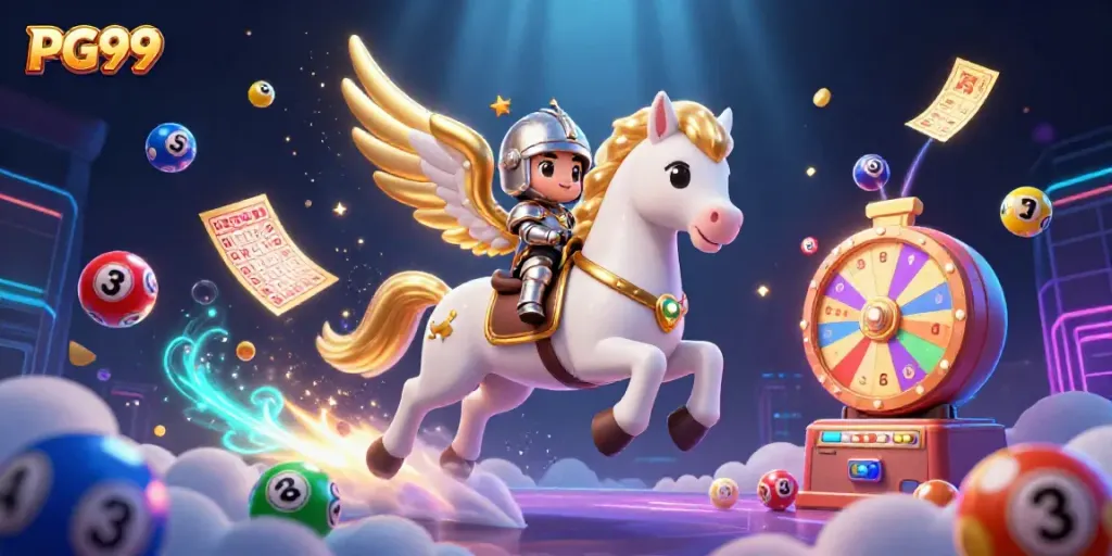 Engage in dynamic lottery excitement with PG99 as the celestial horse and knight venture through vibrant games.