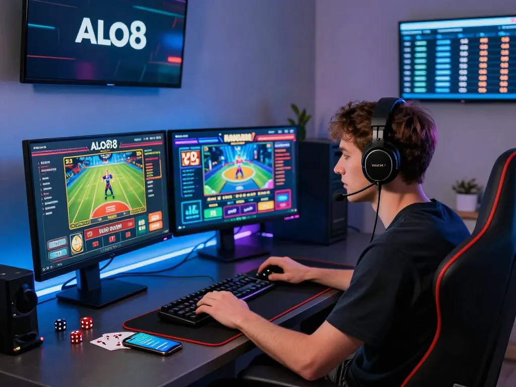 Person immersed in the ALO8 online gaming experience at a sleek gaming setup.