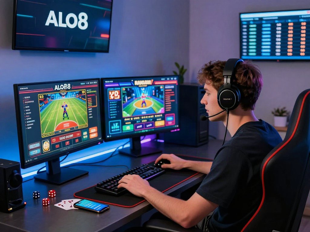 Person immersed in the ALO8 online gaming experience at a sleek gaming setup.