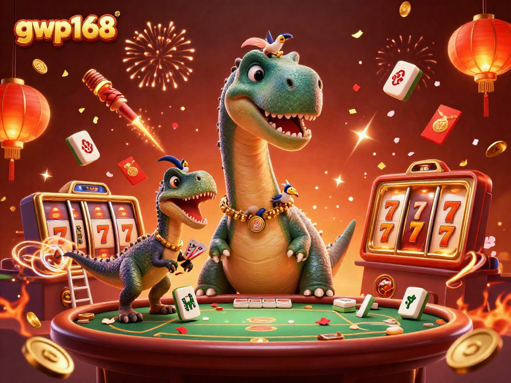 GWP168 menghadirkan suasana meriah dengan brontosaurus dan raptor bermain kartu di kasino.