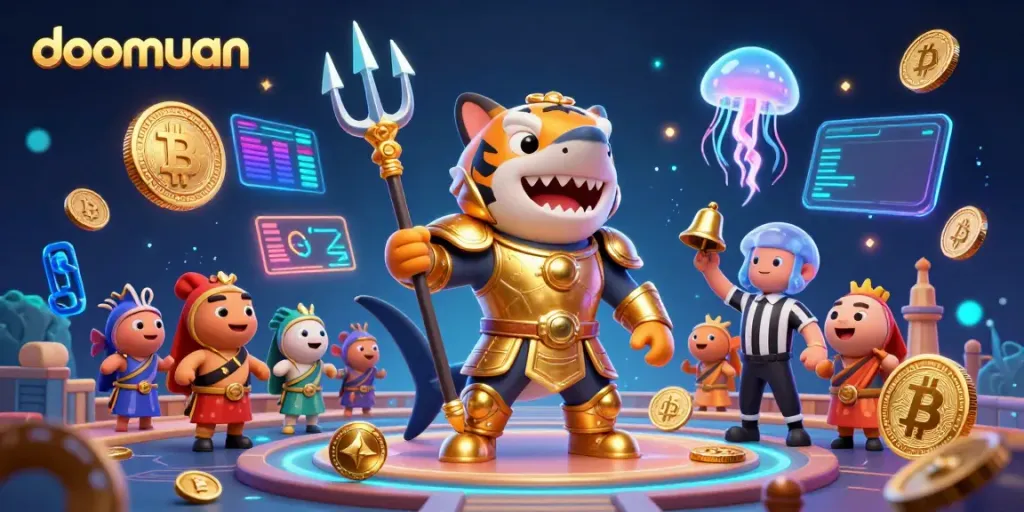 Join the thrilling action at doomuan with a dynamic underwater casino scene featuring a fierce tiger shark.