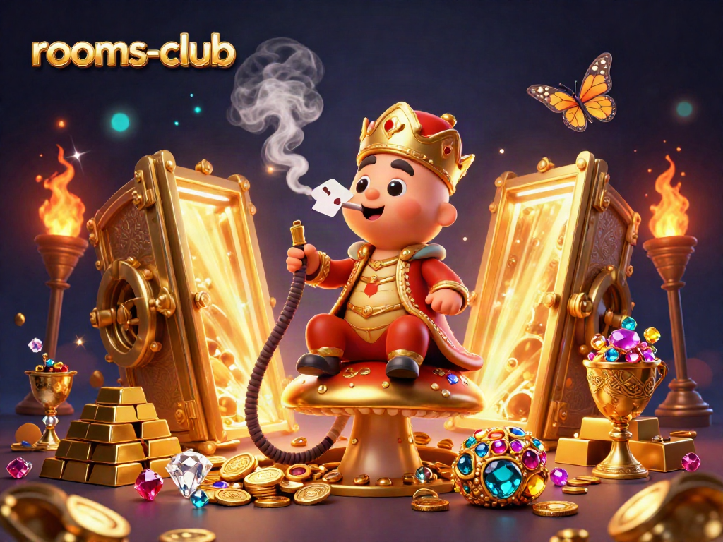 Permainan seru dengan tema slots di rooms-club, menampilkan mesin slot emas dan simbol keberuntungan.