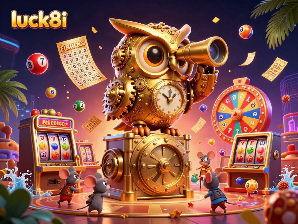 Engage with luck8i through a vibrant casino scene filled with animated characters and games.