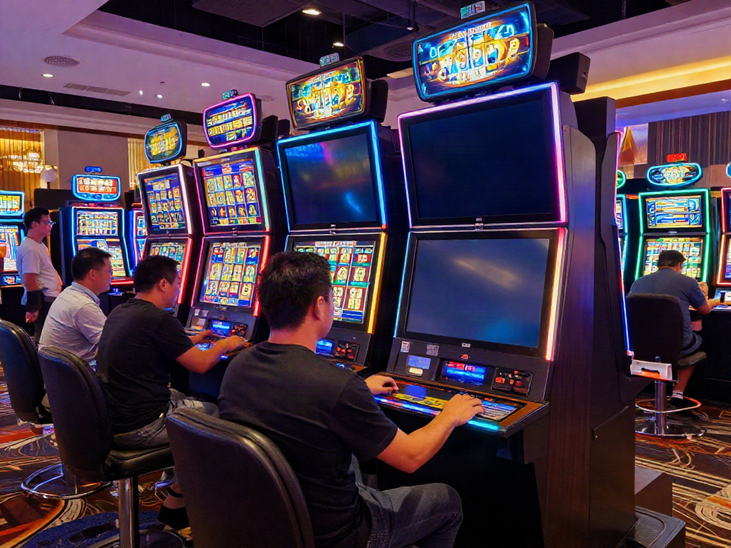 Engaging casino scene with players enjoying slot jackpot machines and vibrant lights.