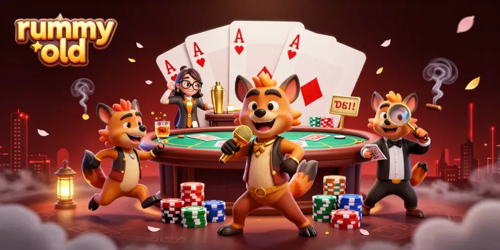 Permainan rummy old di kasino dengan karakter hyena dalam ilustrasi 3D menarik dan kaya detail.