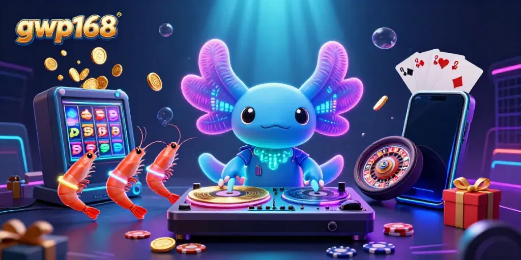 Pemainan seru gwp168 dengan DJ axolotl di bawah laut dan elemen kasino yang menggembirakan.