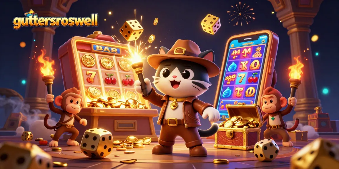 Permainan slot gacor di guttersroswell dengan jackpot terbesar dan simbol keberuntungan yang mengelilingi kucing arkeolog 3D.