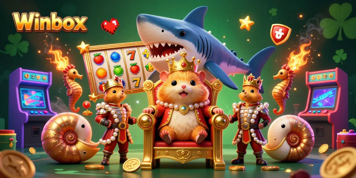 Winbox-themed vibrant casino scene with a golden hamster king, seahorse guards, and slot machines.