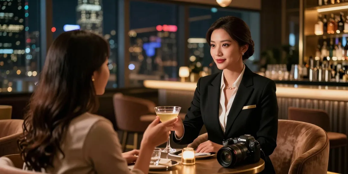 Cảnh gái gọi sang trọng trong quán bar, ánh đèn ấm áp, thể hiện sự quyến rũ và đẳng cấp.