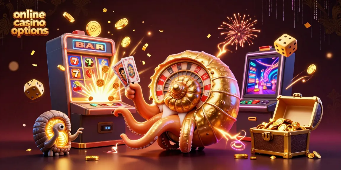 Engage with vibrant online casino options featuring a nautilus roulette wheel, cards, and jackpot elements.