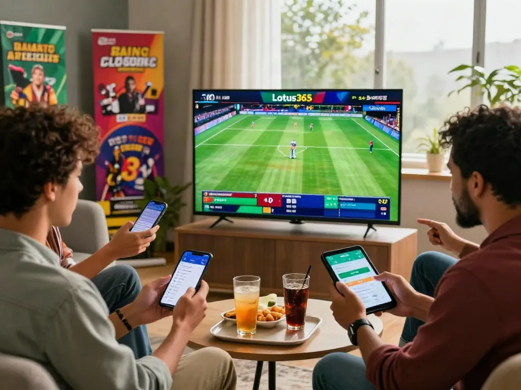 Engaging group of friends enjoying Lotus365 sports betting and casino games in a lively setting