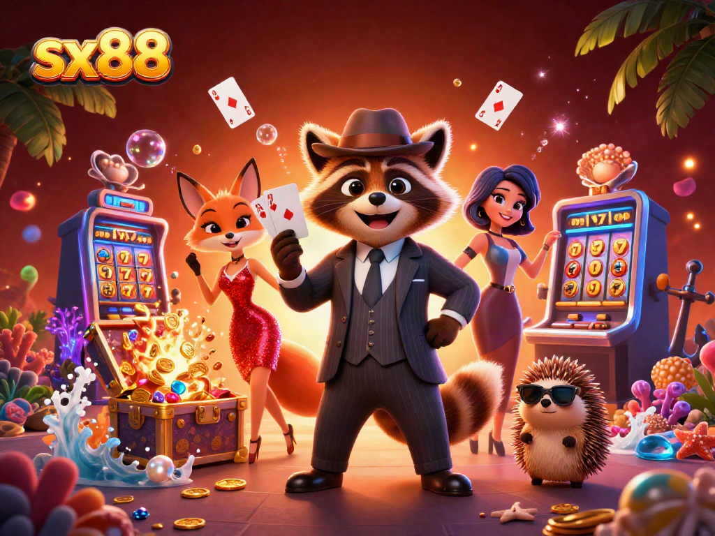 Experience gaming excitement with the sx88 casino scene featuring a raccoon with a royal flush among dynamic slot machines.