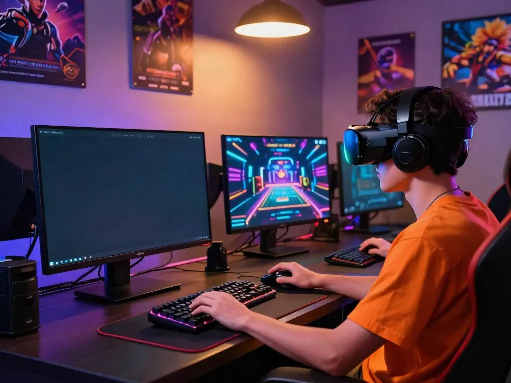 Engaged player immersed in QQMacan gaming platform with high-tech setup, vibrant atmosphere, and live casino elements.