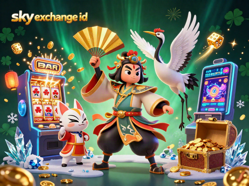Engage with sky exchange id through dynamic betting, featuring a colorful slot machine and kabuki characters.