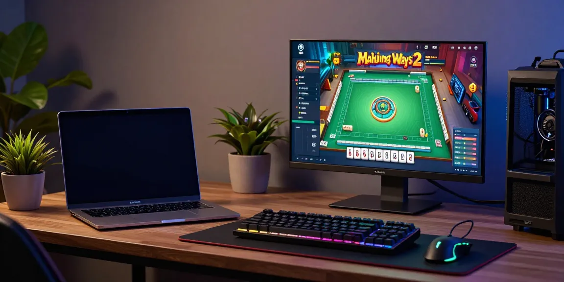 Pengaturan bermain Mahjong Ways 2 di komputer dengan suasana hangat dan peralatan gaming lengkap di mesinmpo.