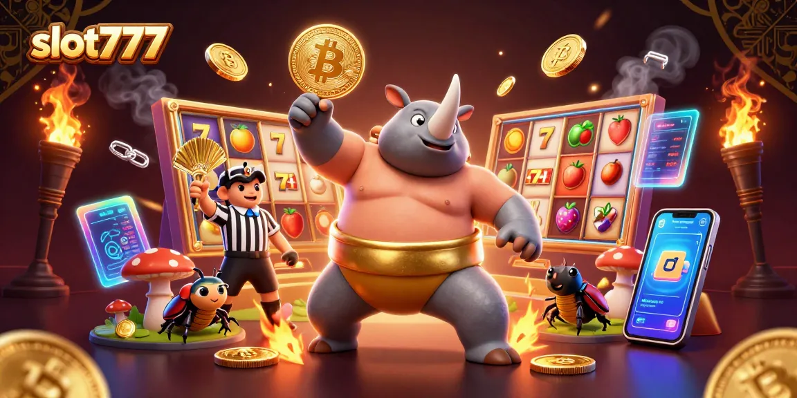 Experience thrilling slot777 action with a dynamic 3D illustration of beetle champion and golden coin explosions.