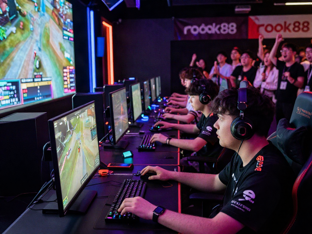 rokok88 esports gaming arena with focused players and bright lights