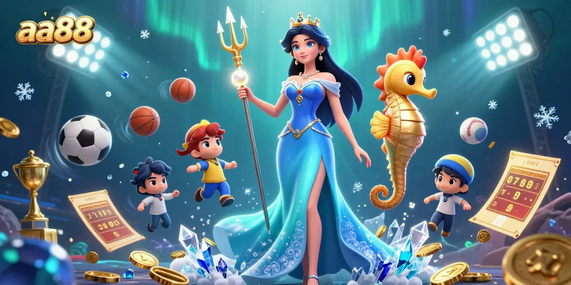 Engaging aa88 Casino scene showcasing a fantasy woman and seahorse king amidst dynamic sports betting symbols.
