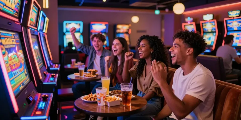 Friends celebrating a judi slot win in a colorful casino lounge