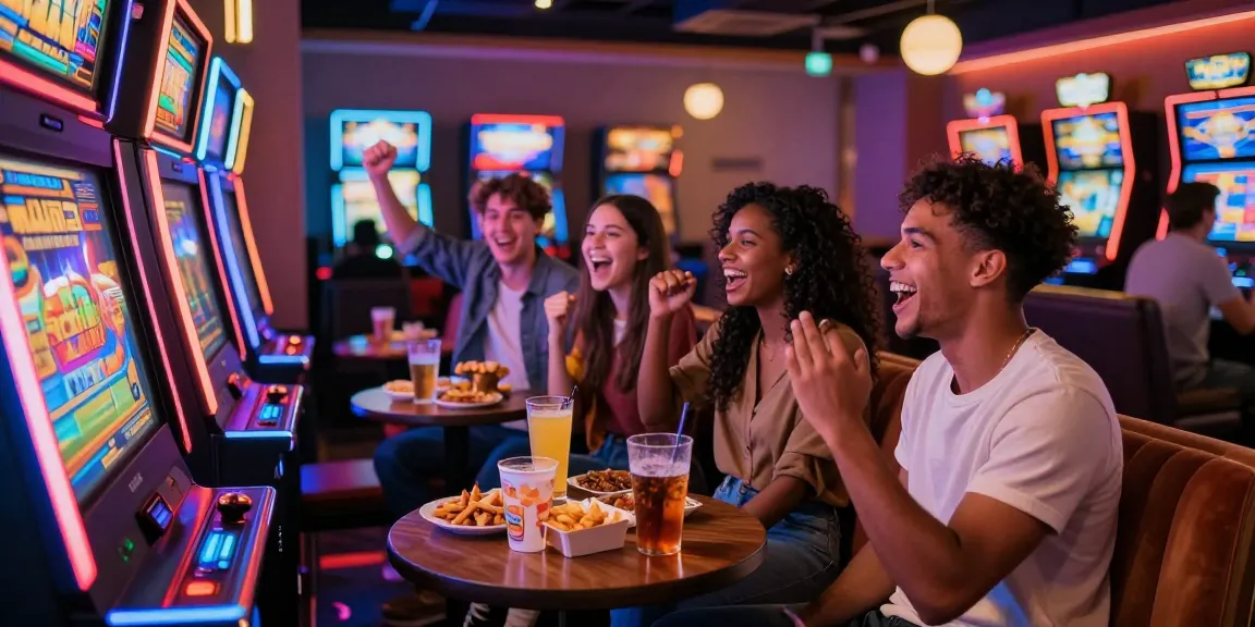 Friends celebrating a judi slot win in a colorful casino lounge