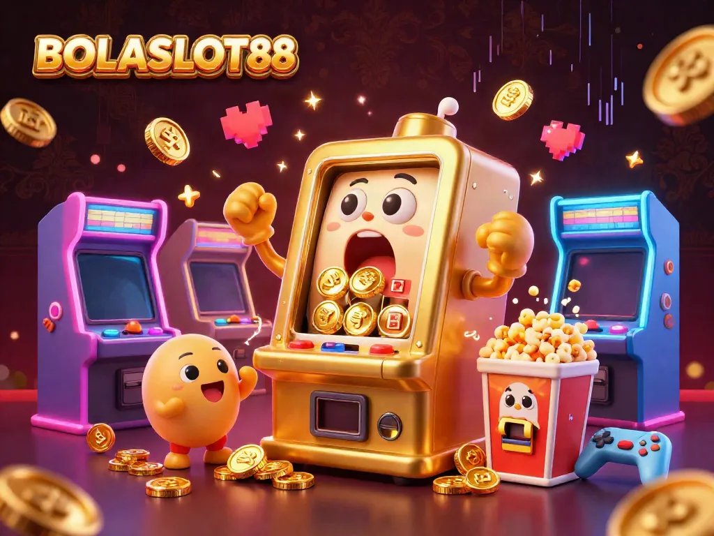 BOLASLOT88 slot machine celebrating a jackpot, surrounded by arcade games and glowing coins.