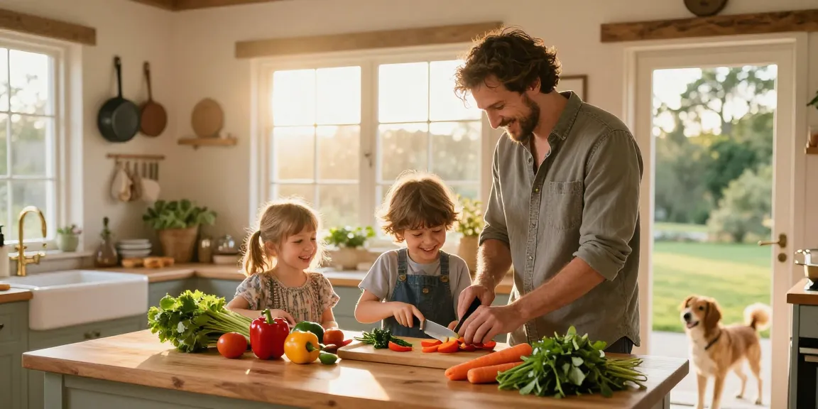 Family cooking together in the kitchen, preparing healthy meal with colorful vegetables and the keyword "สล็อต".