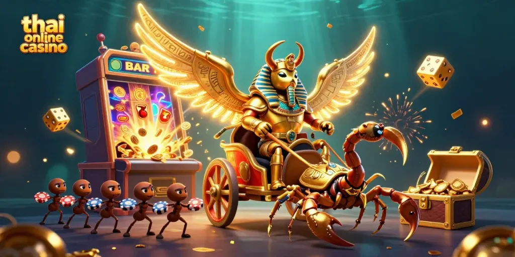 Experience the thrill of thai online casino gaming with vibrant visuals of a golden scarab and slot machines bursting with coins.