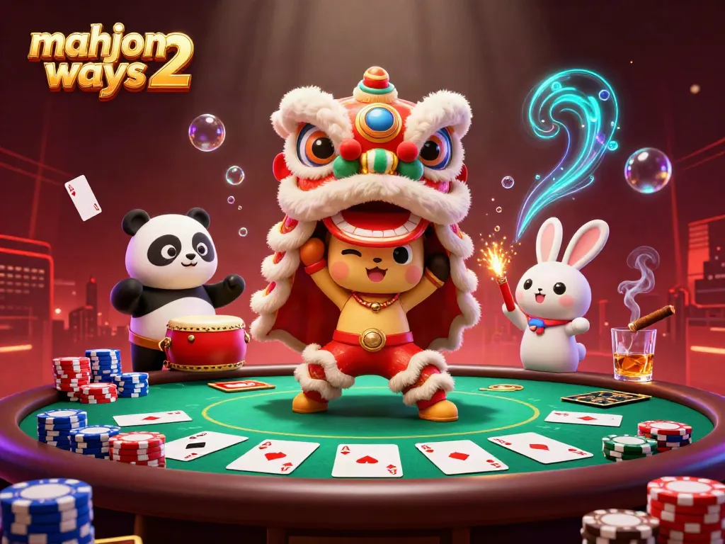 Experience mahjong ways 2 with vibrant characters, colorful poker elements, and festive decorations in a lively casino scene.