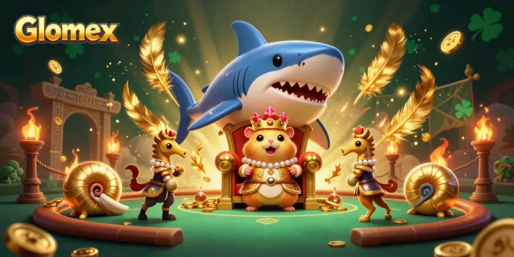 Glomex gaming illustration showcases a fierce hamster king in a casino-themed arena, enhancing your betting experience.