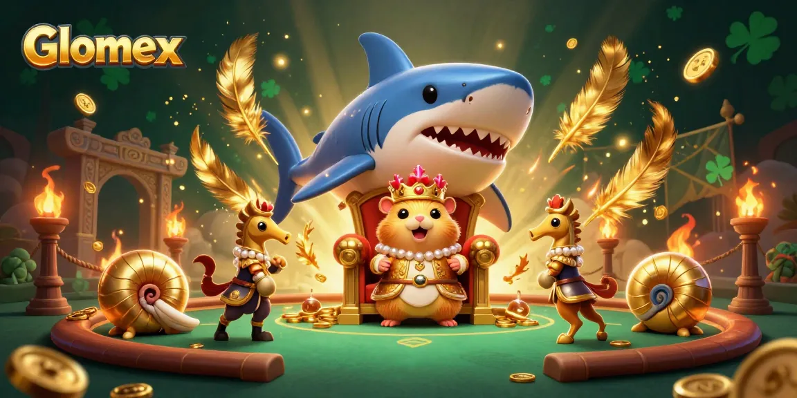 Glomex gaming illustration showcases a fierce hamster king in a casino-themed arena, enhancing your betting experience.