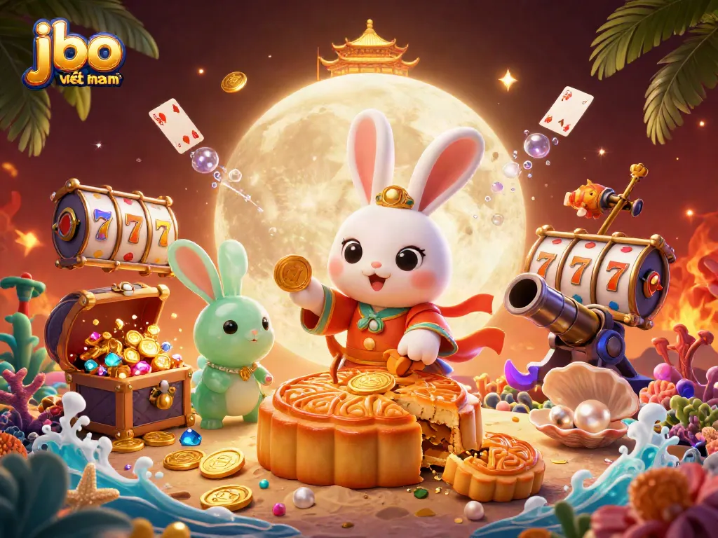Experience winning moments with jbo việt nam in a vibrant 3D casino scene filled with golden mooncakes and poker chips.