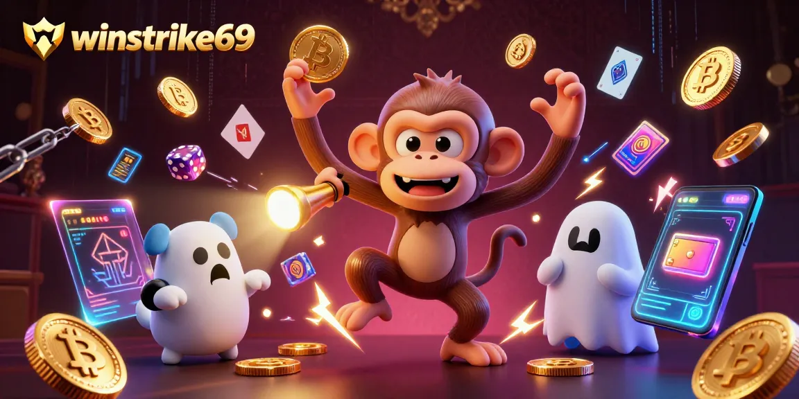 Experience the thrilling chaos of winstrike69 as a mischievous monkey juggles golden casino treasures.