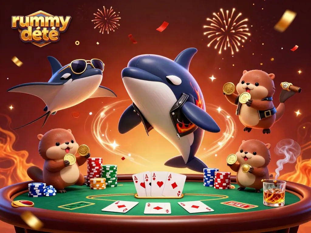 Rummy Deity menghadirkan orka jantan, stingray, dan berang-berang laut dengan koin di suasana kasino yang meriah.