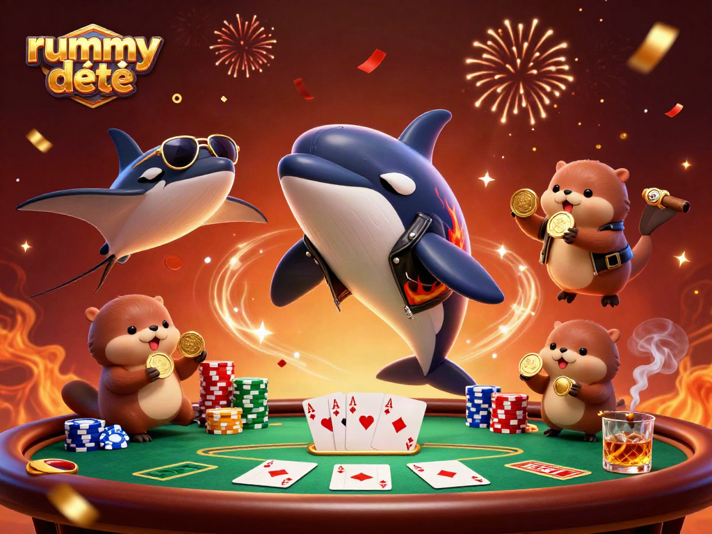 Rummy Deity menghadirkan orka jantan, stingray, dan berang-berang laut dengan koin di suasana kasino yang meriah.