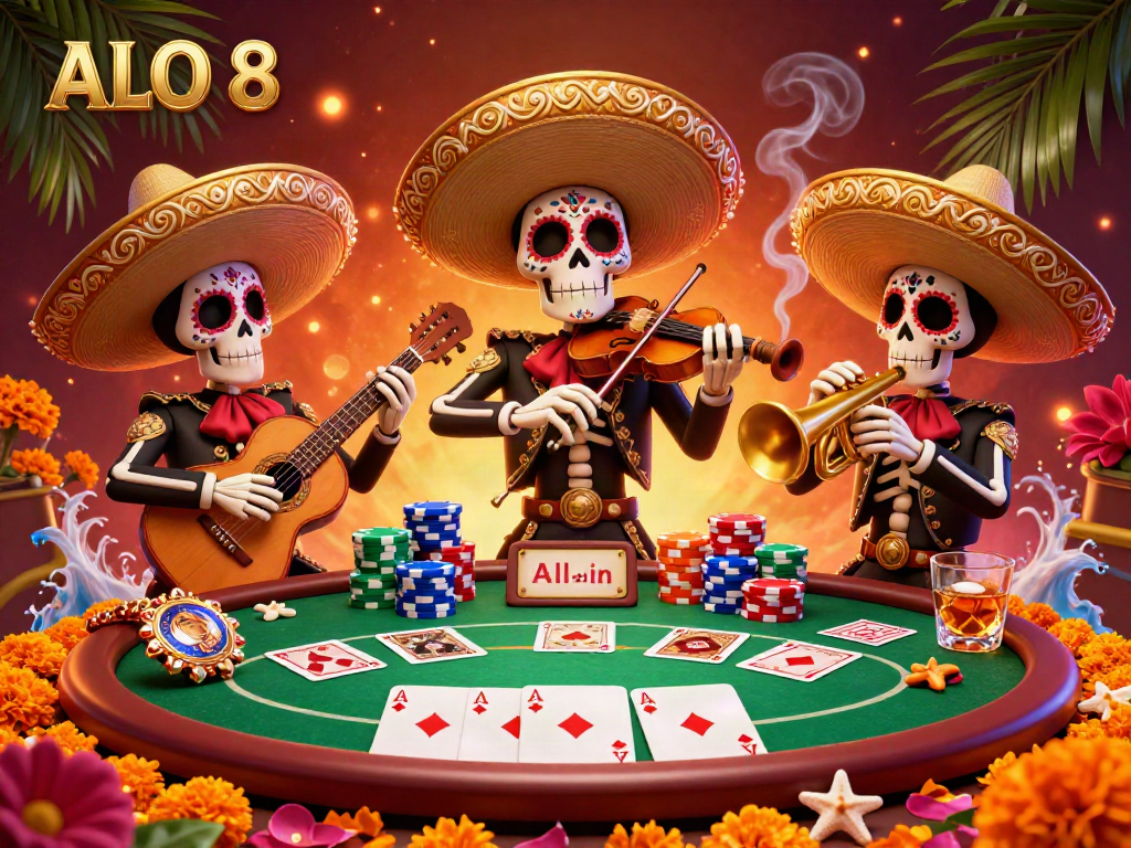 Celebrate winning moments at ALO 8 with a vibrant mariachi scene filled with poker excitement.