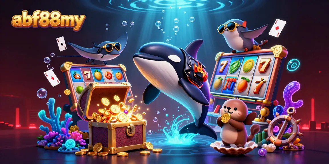 Win big with afb88my in this vibrant 3D casino-themed underwater adventure illustration.