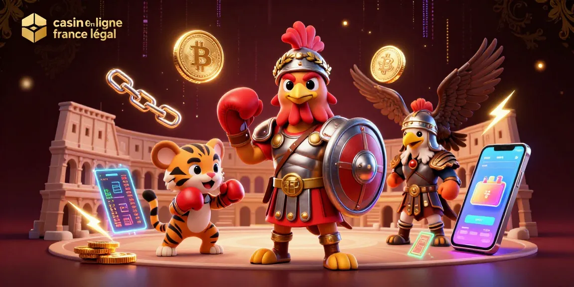 Participez à un gameplay captivant dans cette scène vibrante de casino en ligne france légal, mettant en avant un mélange unique de personnages de dessin animé et d'éléments crypto.