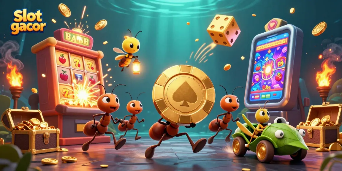 Experience the thrill of slot gacor with 3D ants on a heist, vibrant casino elements bursting around.