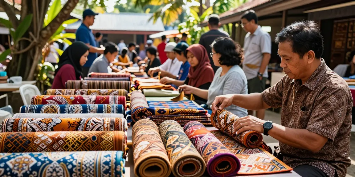 BATIK 88 - Suasana pasar batik dengan pengrajin yang menciptakan tekstil batik berwarna-warni.