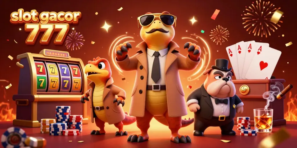 Gambarkan raptor tampak lucu dengan sunglasses dan kumis palsu memasuki kasino VIP, simbol slot gacor 777