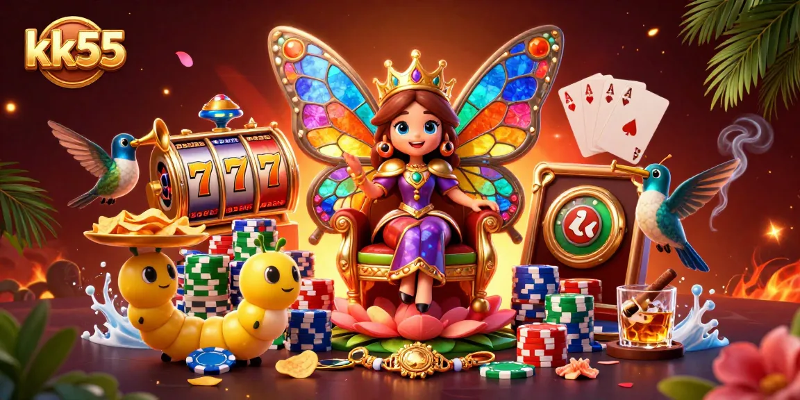Engage with kk55's vibrant gaming world featuring colorful themed slots and poker elements.