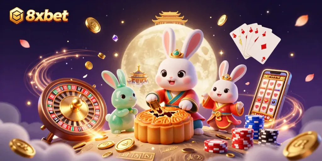 Experience exciting games at 8xbet with our vibrant illustration of casino elements and lucky symbols.