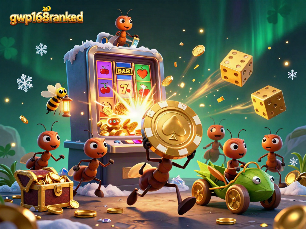 Menggenggam chip poker emas besar, tim semut 3D melawan slot mesin jackpot, gwp168ranked.
