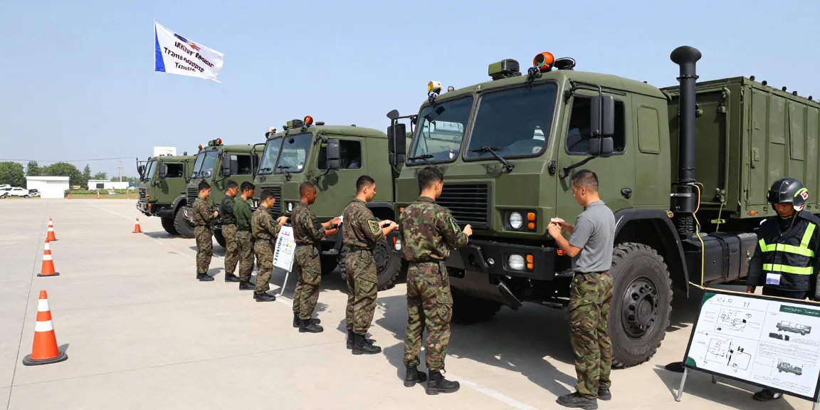 88m. com recruits training as Motor Transport Operators in military yard showing vehicles and instructors.