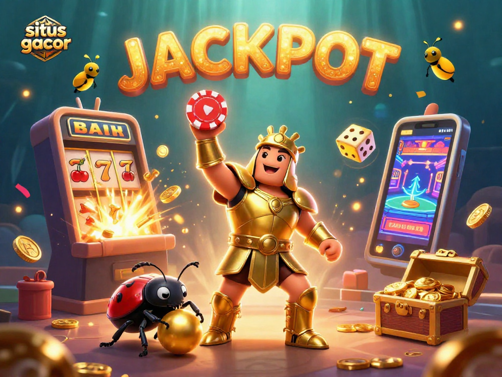 Menggenggam situs gacor, beetle hero bersenjatakan chip poker dengan latar belakang jackpot yang memukau.