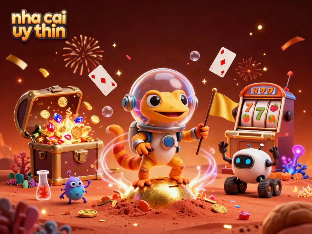 Experience the thrill of nha cai uy tin with a Martian gecko and robot sidekick discovering a golden buried casino.