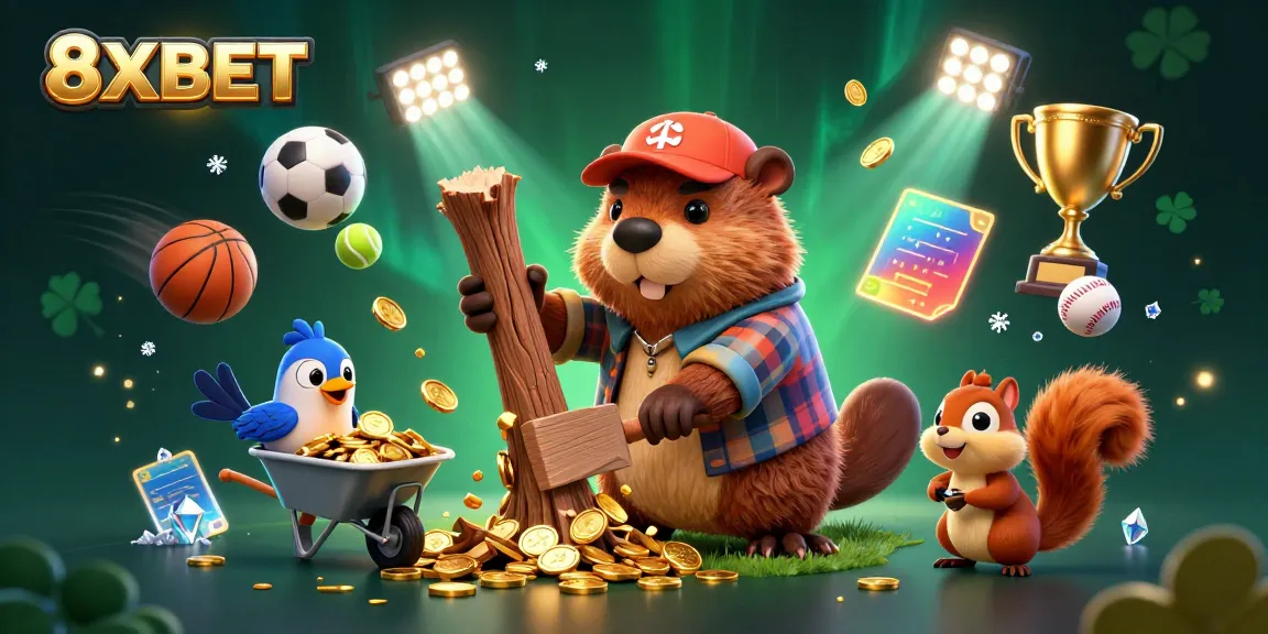 8XBET golden coin rain scene with a humorous beaver and friends in a vibrant casino setting