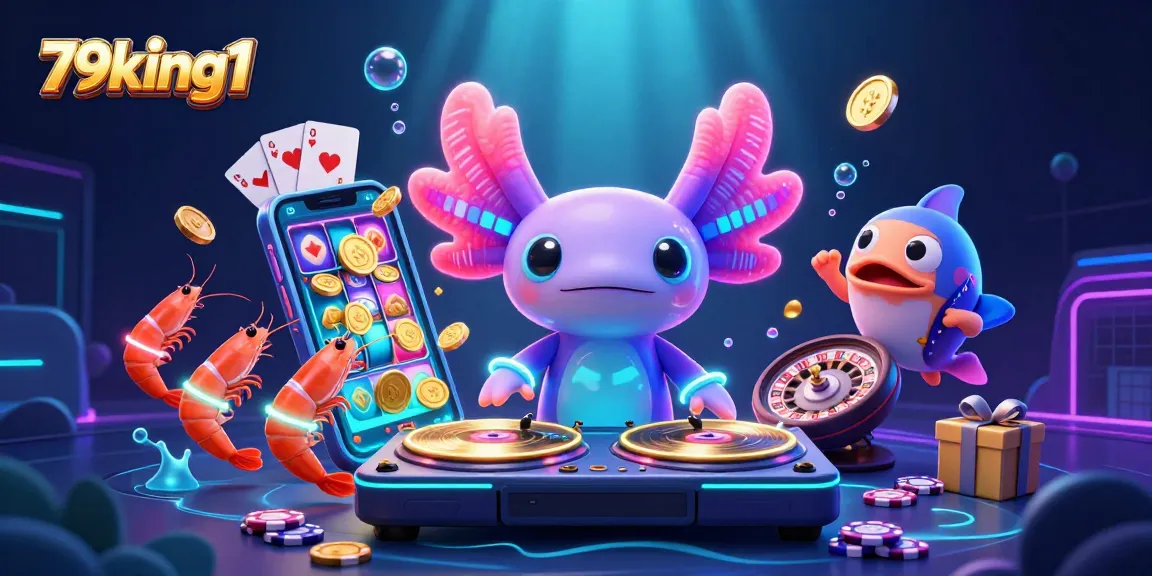 Engage with 79king1's vibrant underwater casino, featuring a neon axolotl DJ and dynamic spinning slot games.