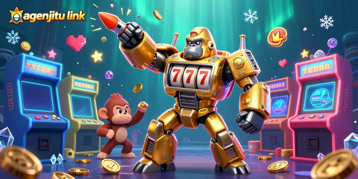 Gorila emas transformer bermain judi dalam agenjitu link dengan mesin jackpot mengelilingi suasana penuh koin berkilauan.